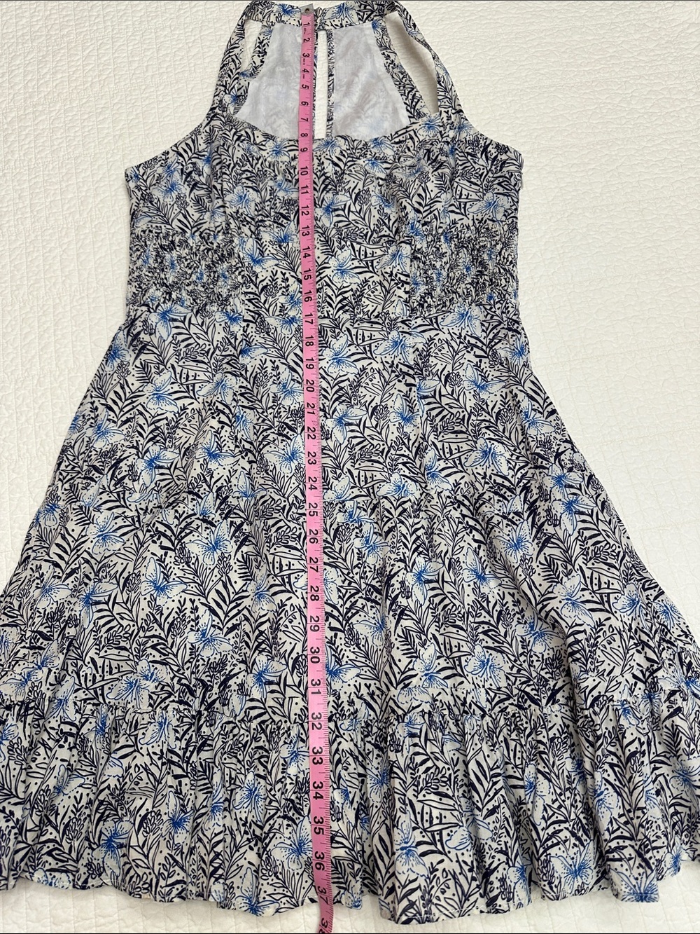 Karen Millen US 12 White A-Line Smocked Dress Navy Light Blue Botanical Print - Picture 8 of 10